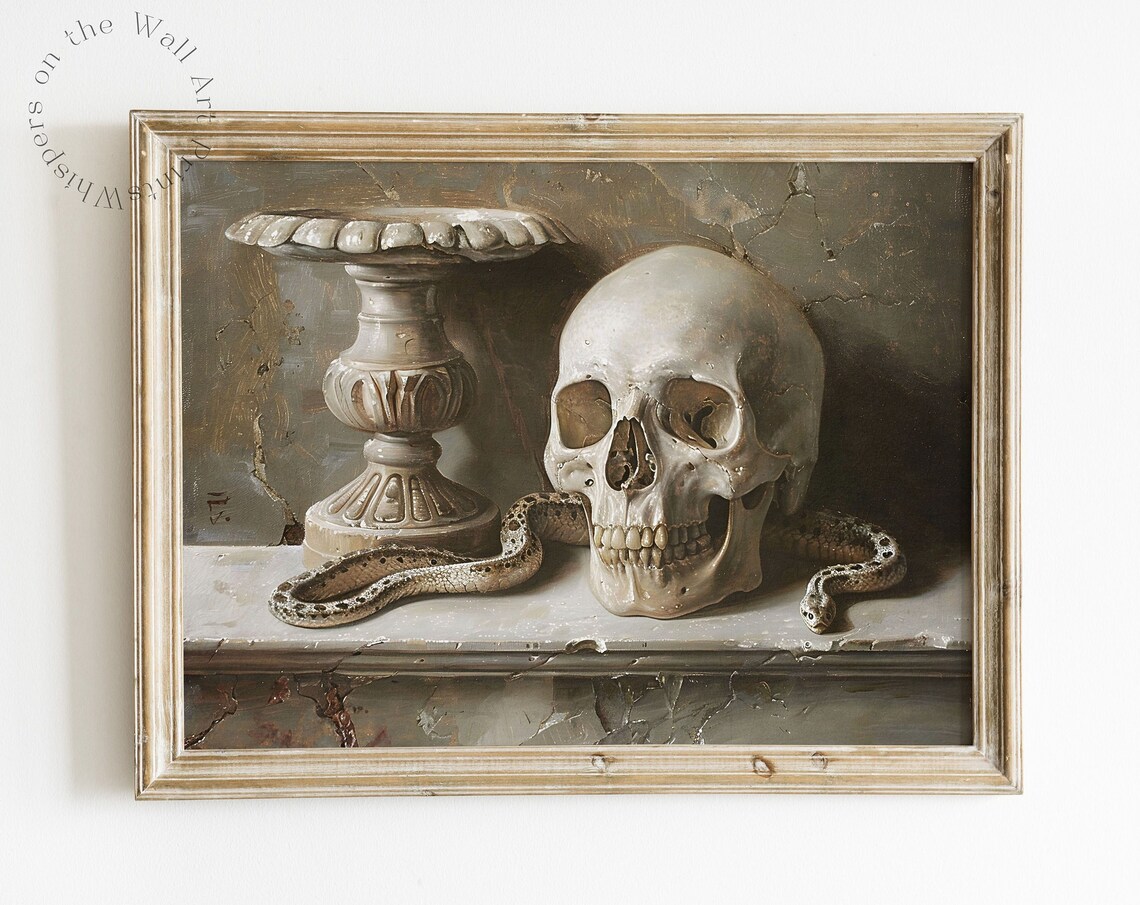 Skull and Snake Vanitas Spooky Halloween Classical Oil Painting Poster