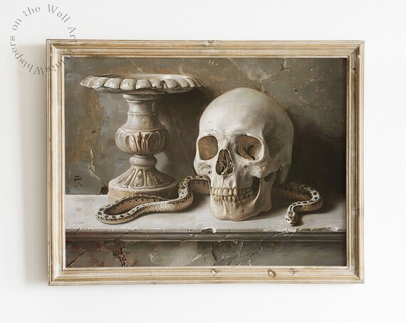Skull and Snake Vanitas Spooky Halloween Classical Oil Painting Poster