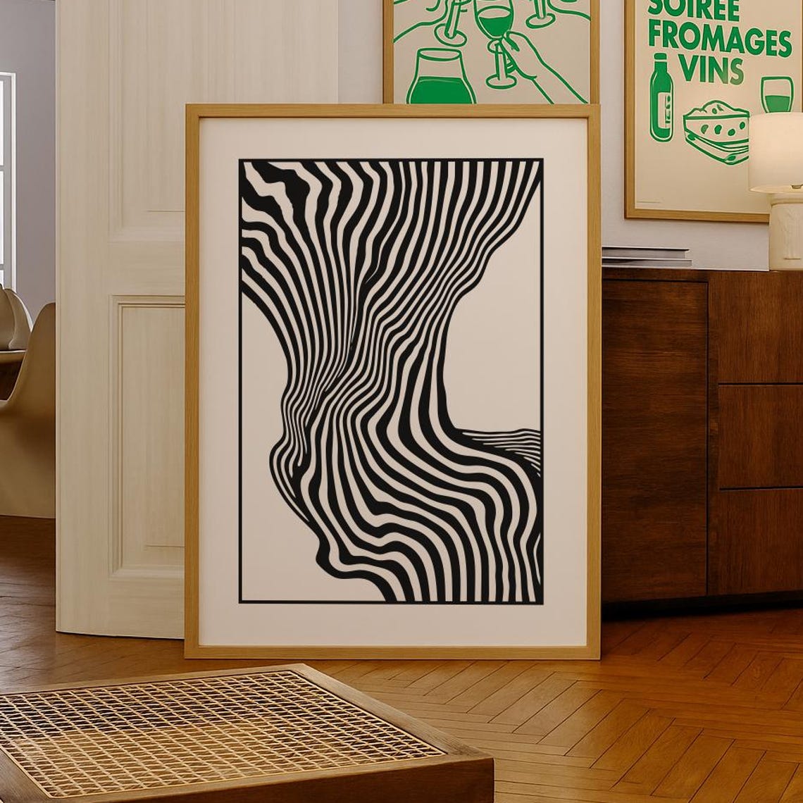 Black and White Wavy Lines Mid Century Modern Abstract Wall Poster
