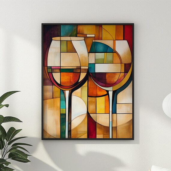 Stained Glass Mosaic Wine Glasses Warm Amber Cubist Art Poster