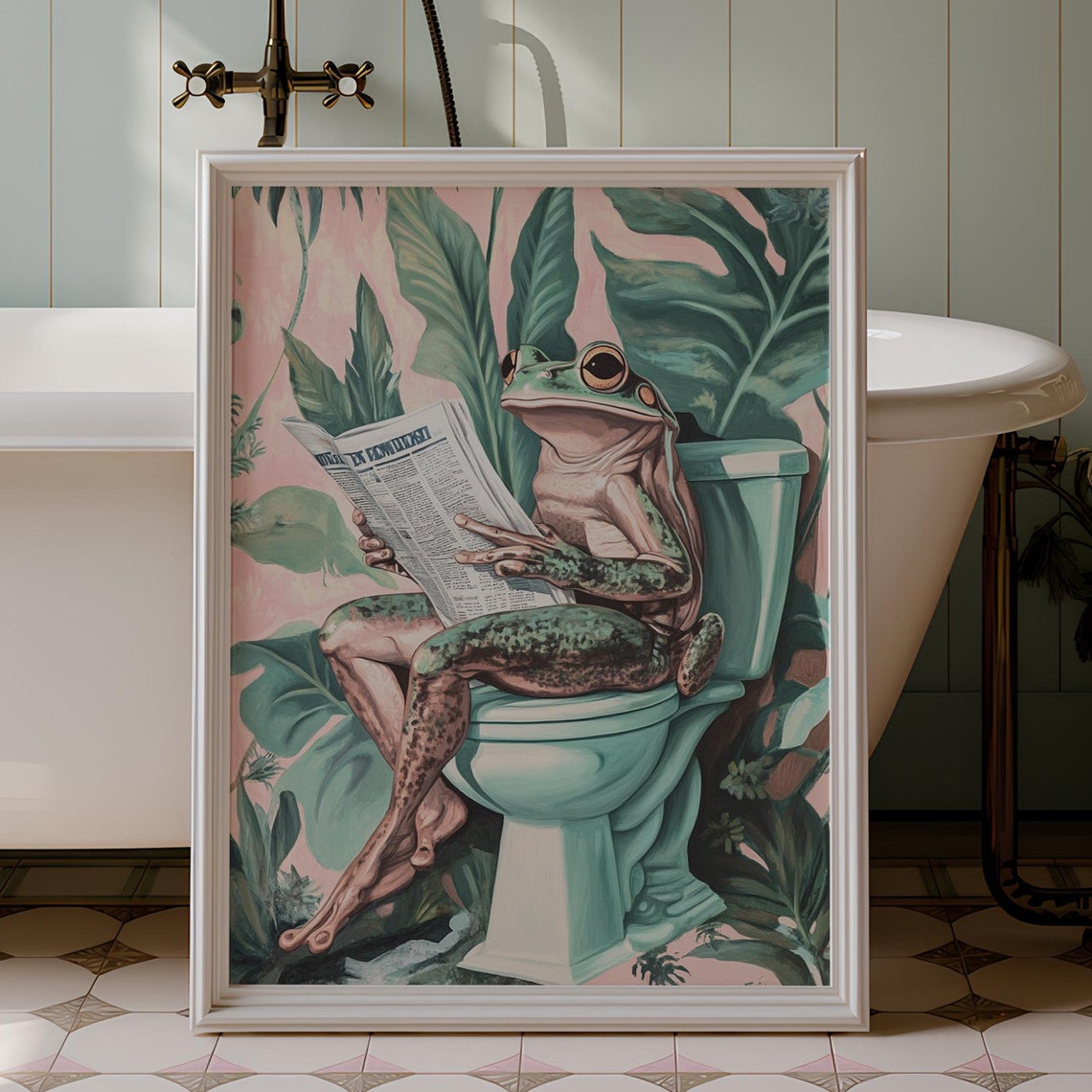Whimsical Frog on Toilet With Newspaper Pastel Tropical Wall Poster