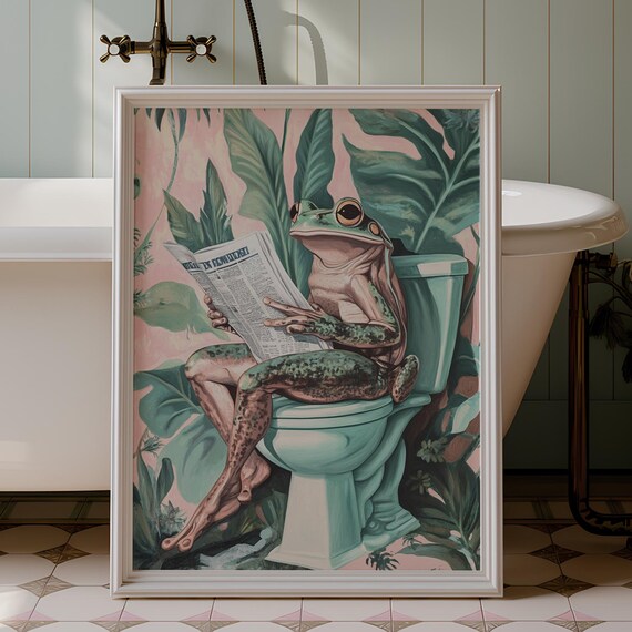 Frog Toilet Print Poster Funny Toad Frog Sitting On Toilet Wall Art Tropical Plants Dark Green Jungle Restroom Wall Art Matte Poster