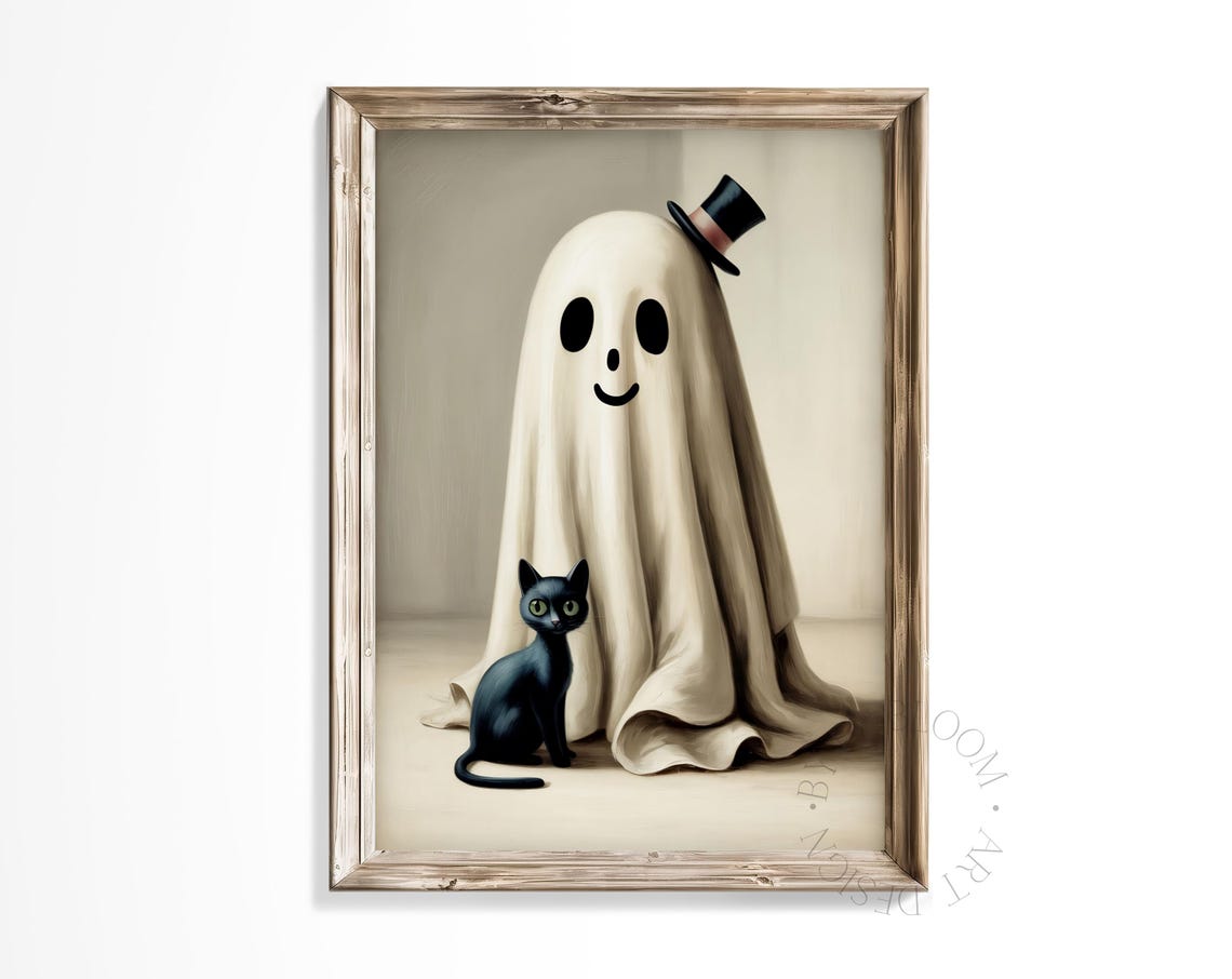 Smiling Ghost And Black Cat Vintage Halloween Spooky Season Poster