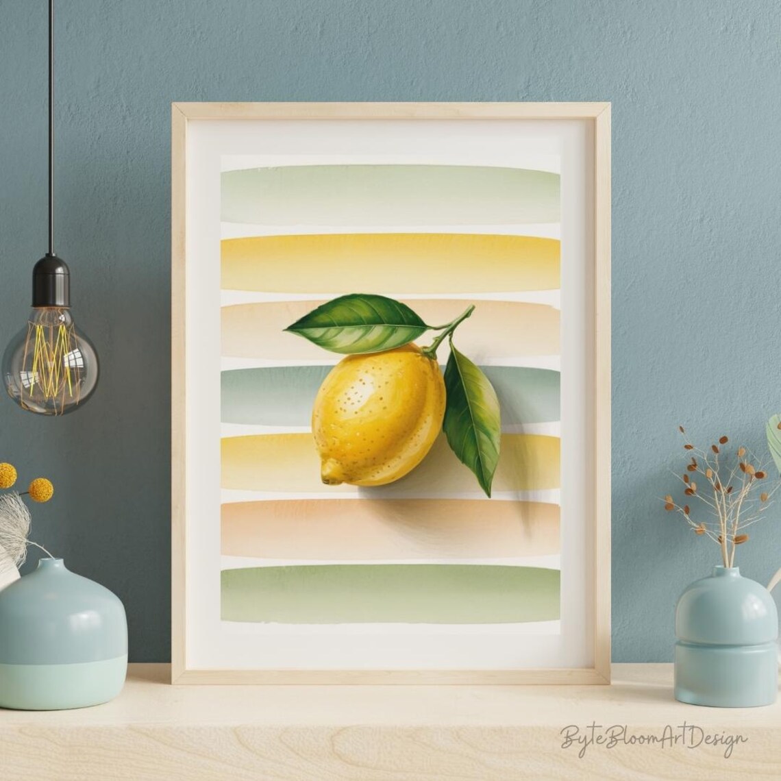Watercolor Lemon With Green Leaves On Pastel Stripes Art Poster