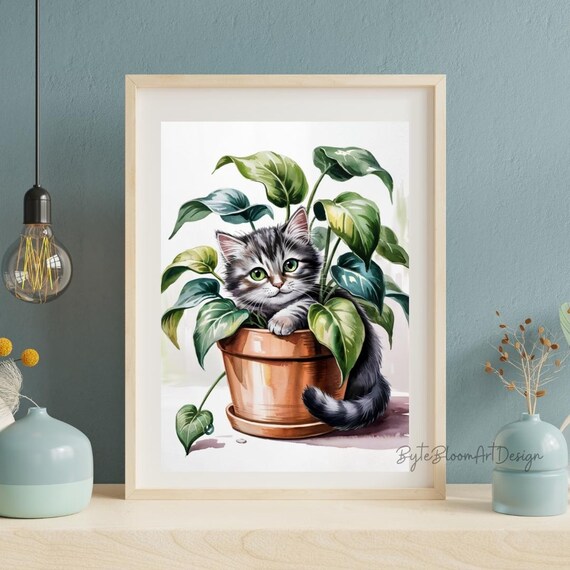 Cute Kitten In Plant Pot Watercolor Botanical Cat Lover Poster