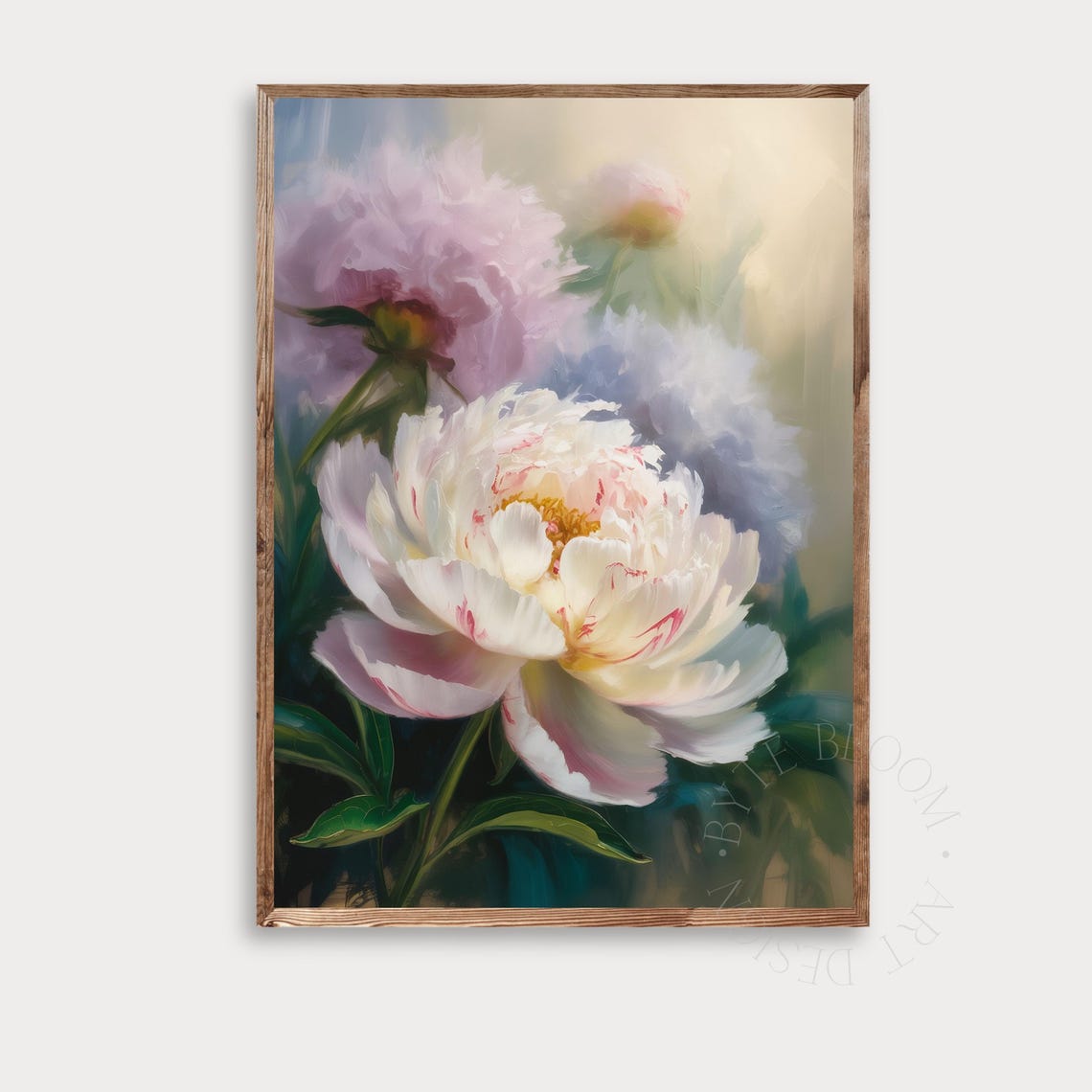 White Peony Oil Painting Soft Blush Floral Botanical Art Poster