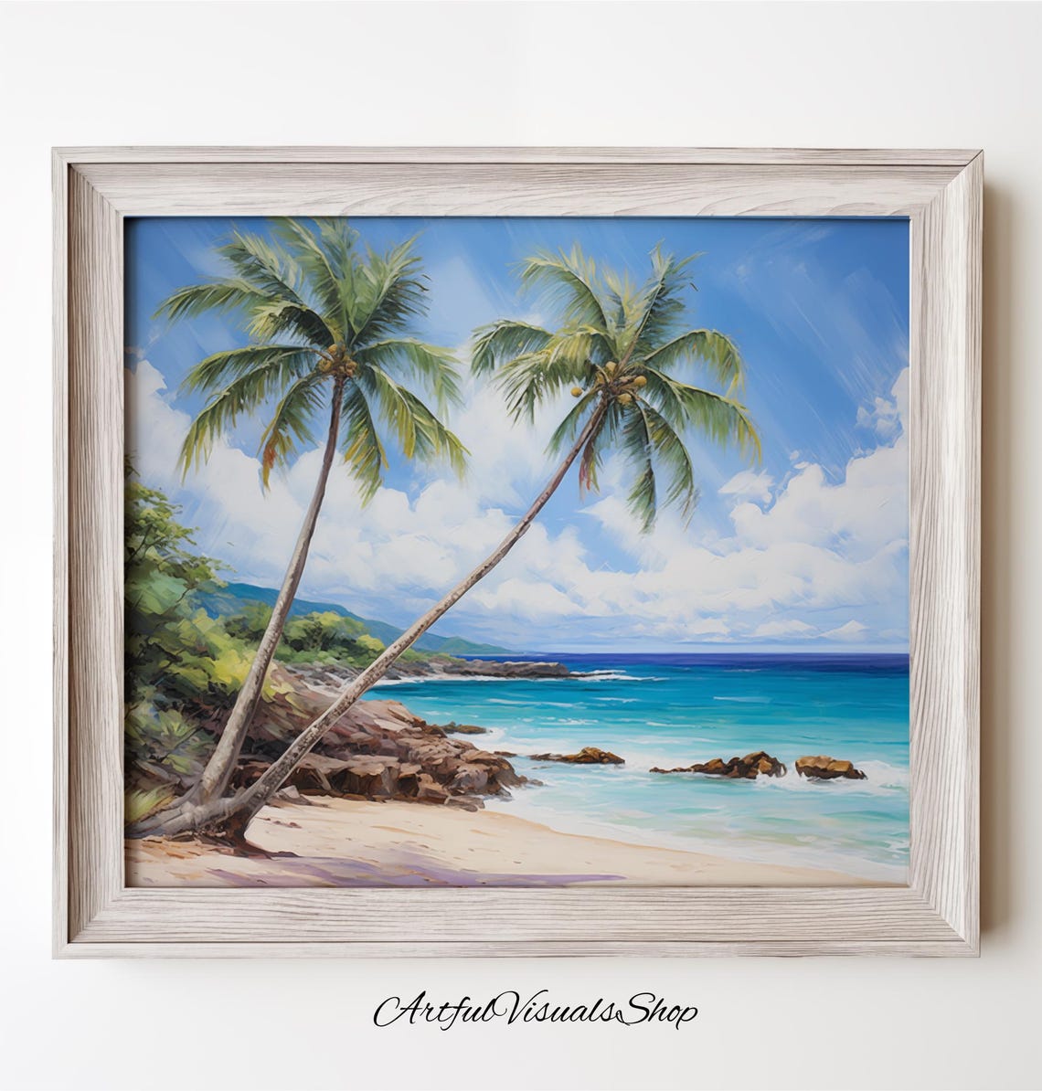 Tropical Beach Leaning Palm Trees Turquoise Ocean Coastal Poster