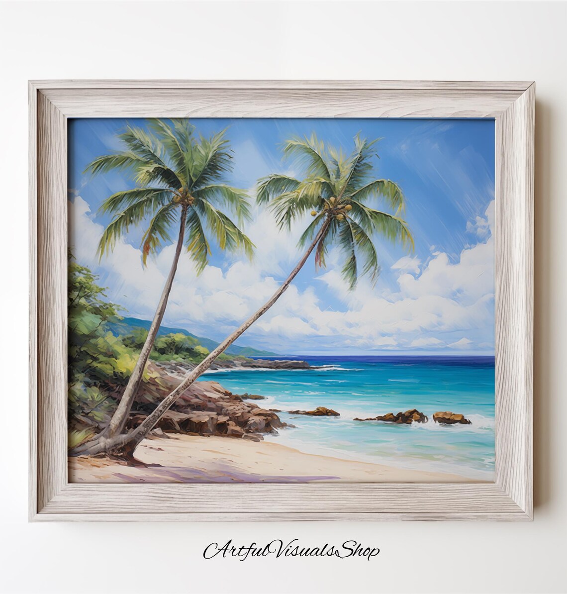 Tropical Beach Print Leaning Palm Trees Blue Ocean