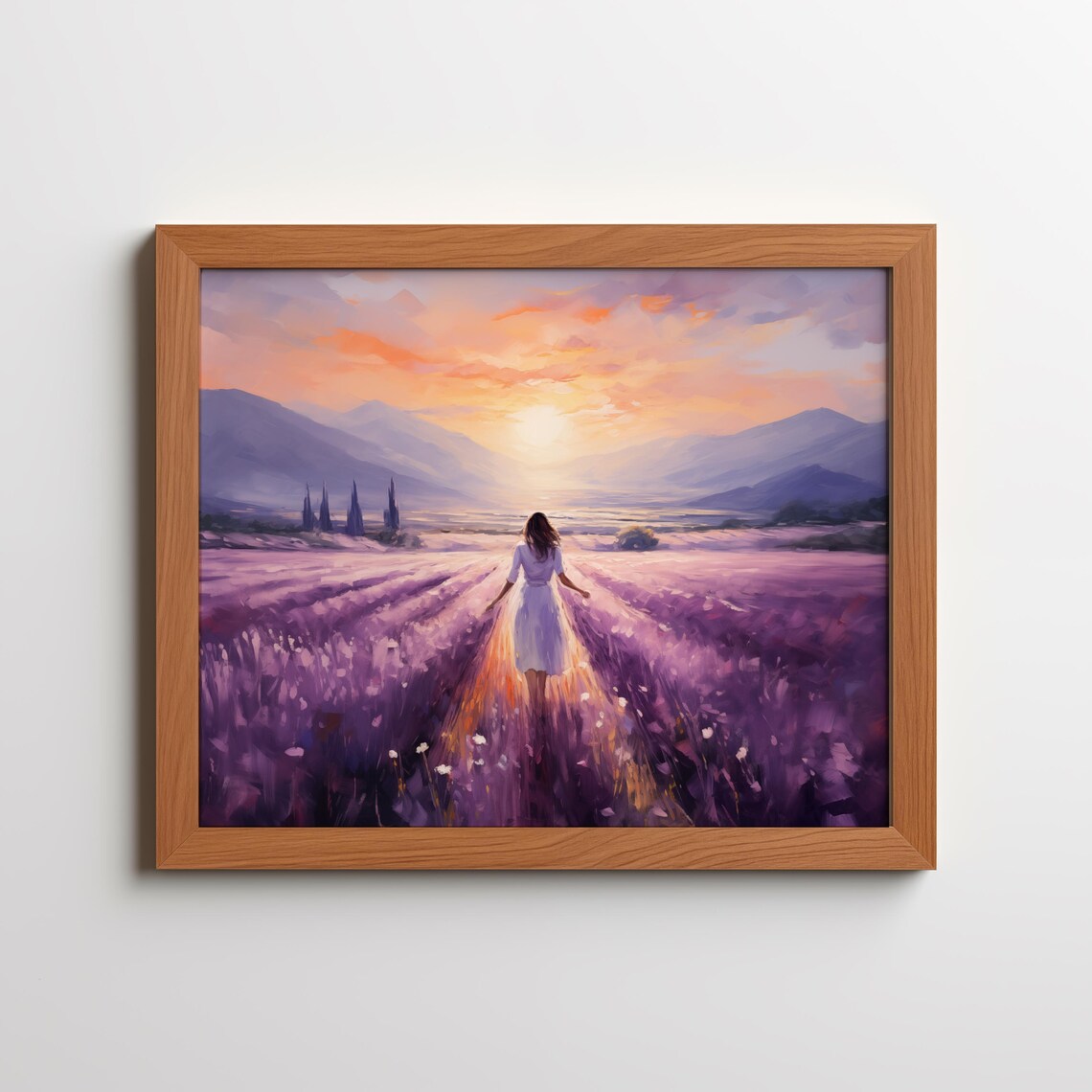 Woman Lavender Field Sunset Walk Purple Bloom Mountain View Poster