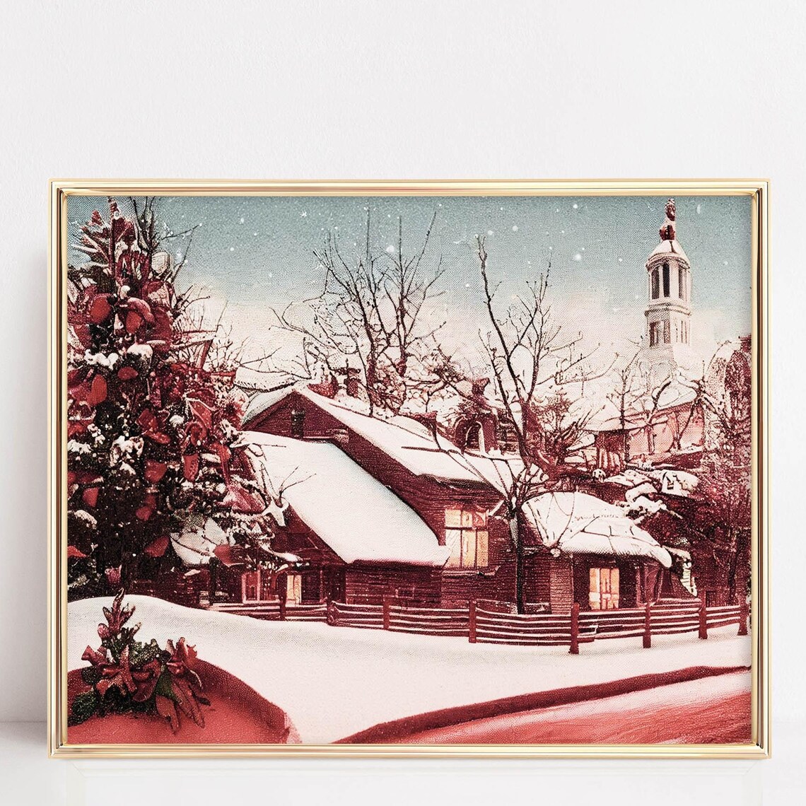 Vintage Snowy Village Church Winter Landscape Christmas Poster