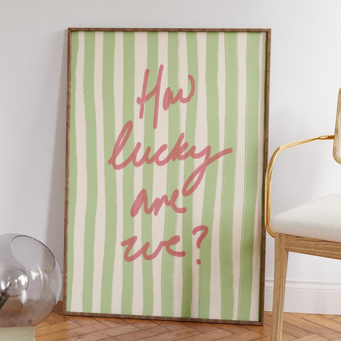 How Lucky Are We Pink Green Stripe Quote Art Print