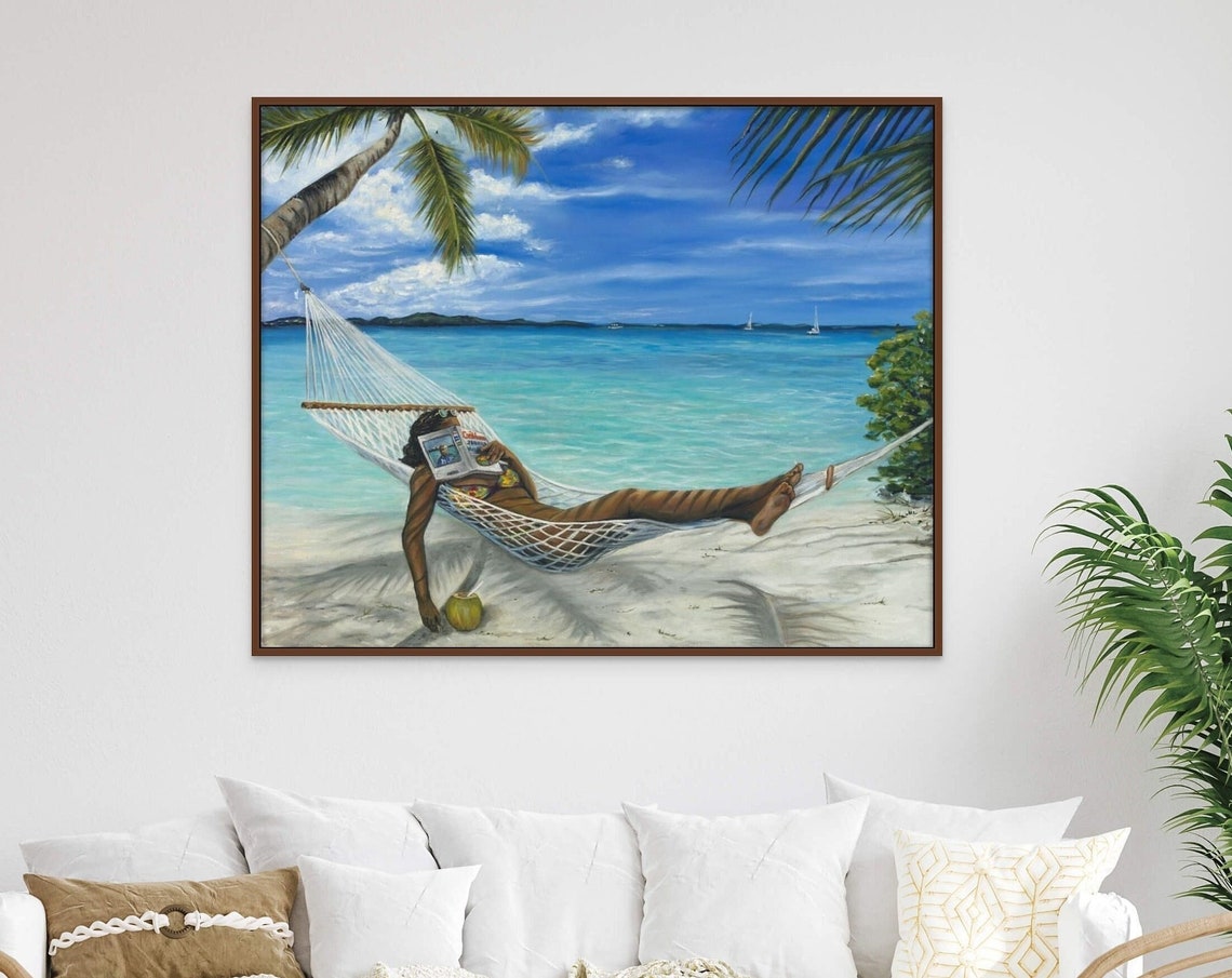 Woman Reading Book Hammock Beach Palms Turquoise Ocean Poster