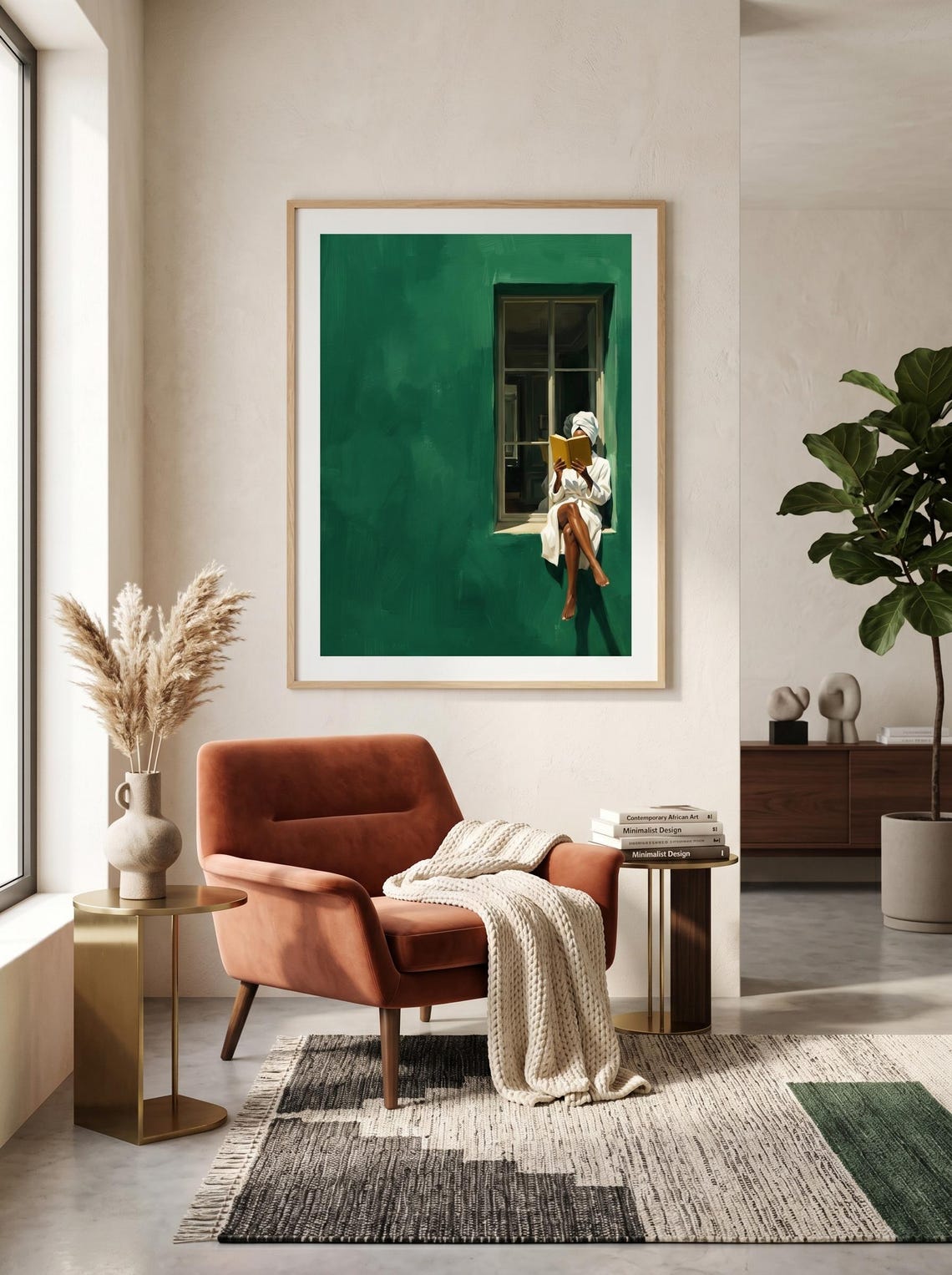 Black Woman Reading Art Print Emerald Window Scene Living Room Wall Minimalist Quiet Luxury - Image 2
