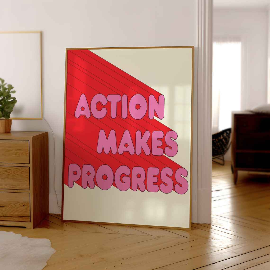 Action Makes Progress Pink Bubble Retro Typography Motivation Poster - Image 3