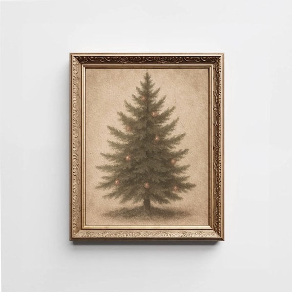 Vintage Beige Christmas Tree Neutral Pine Holiday Painting Poster