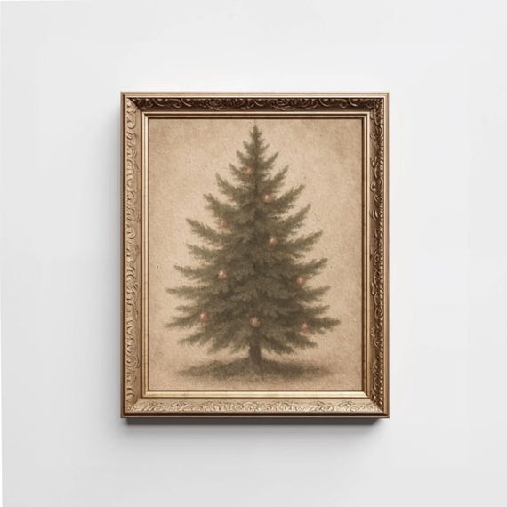 Vintage Beige Christmas Tree Painting Neutral Pine Abstract Art Cedar Stems Print Muted Holiday Gold Xmas
