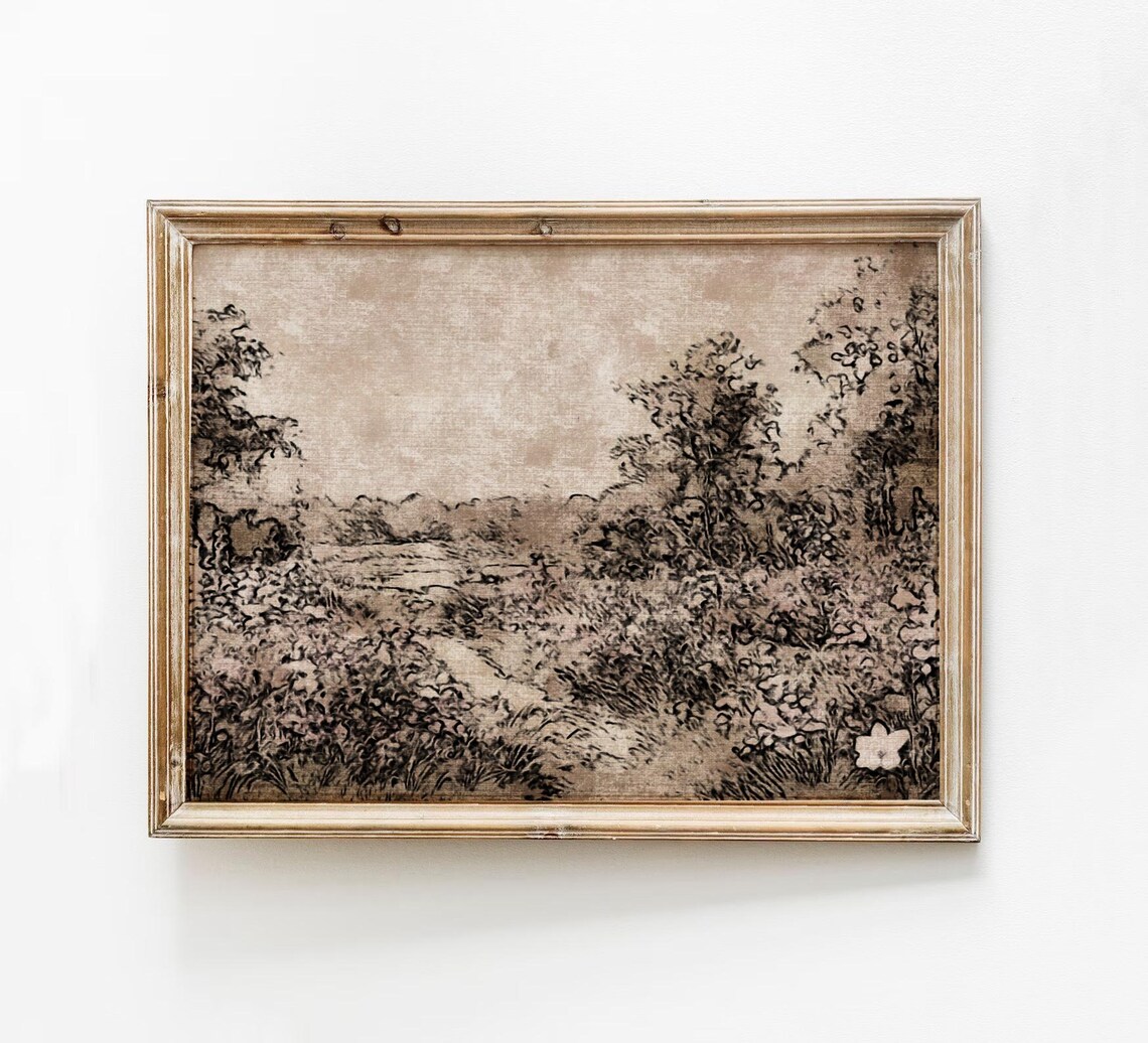 Neutral Beige Landscape Sketch of Flower Field Vintage Wall Art