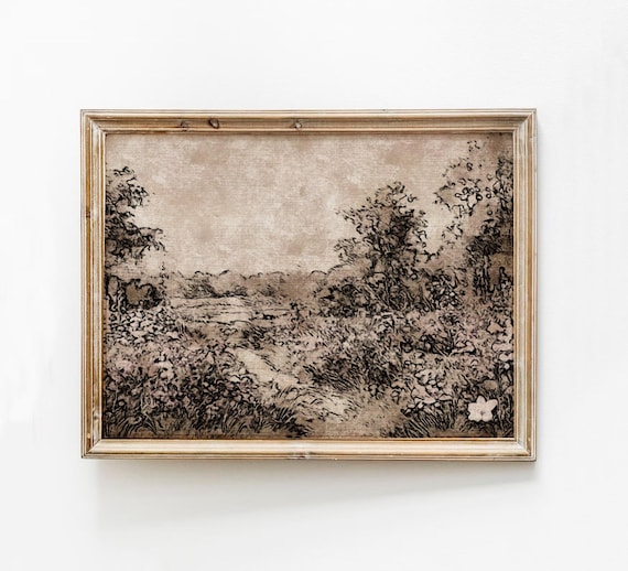 Neutral Beige Landscape Sketch of Flower Field Vintage Wall Art