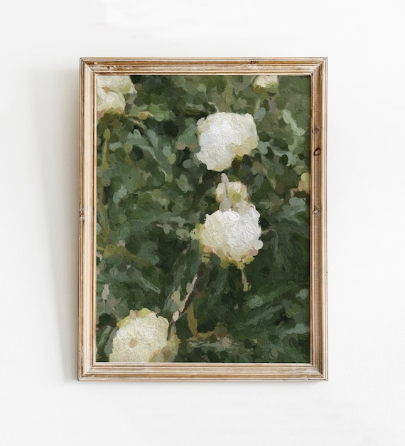 White Peonies In Green Garden Impressionist Floral Oil Poster