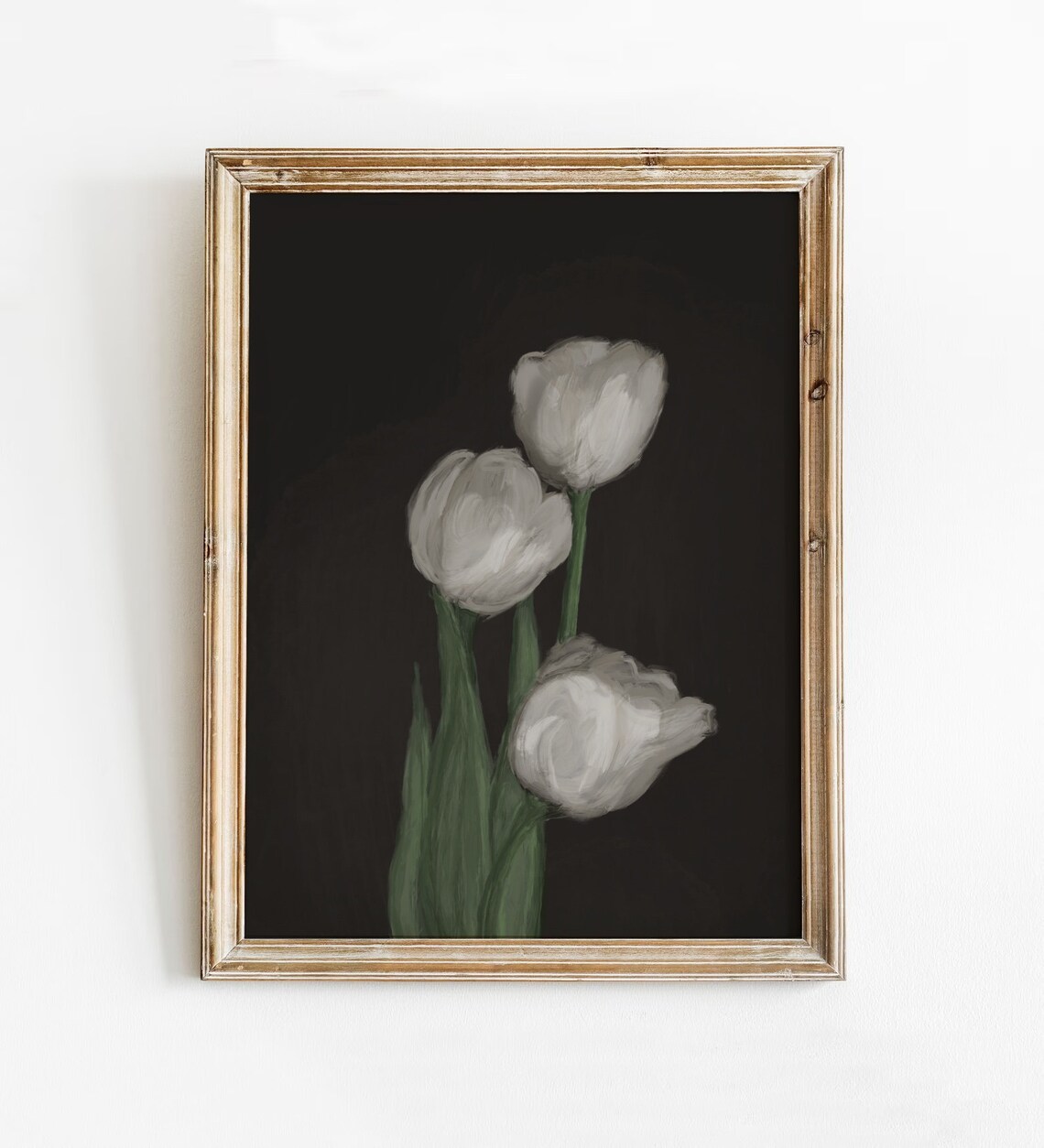 Moody White Tulips Impressionist Oil Painting Print