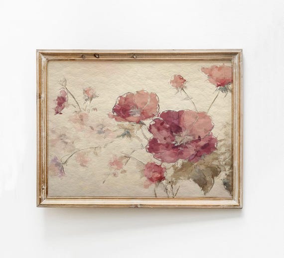 Vintage Flower Print Abstract Floral Mauve Peony Painting Cute Girl Room Wall Art Neutral Nursery Decor Watercolor
