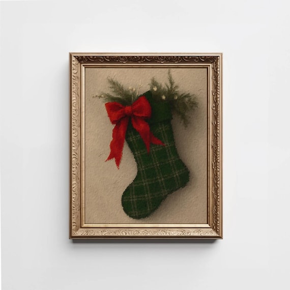Vintage Green Plaid Christmas Stocking Red Bow Festive Holiday Poster