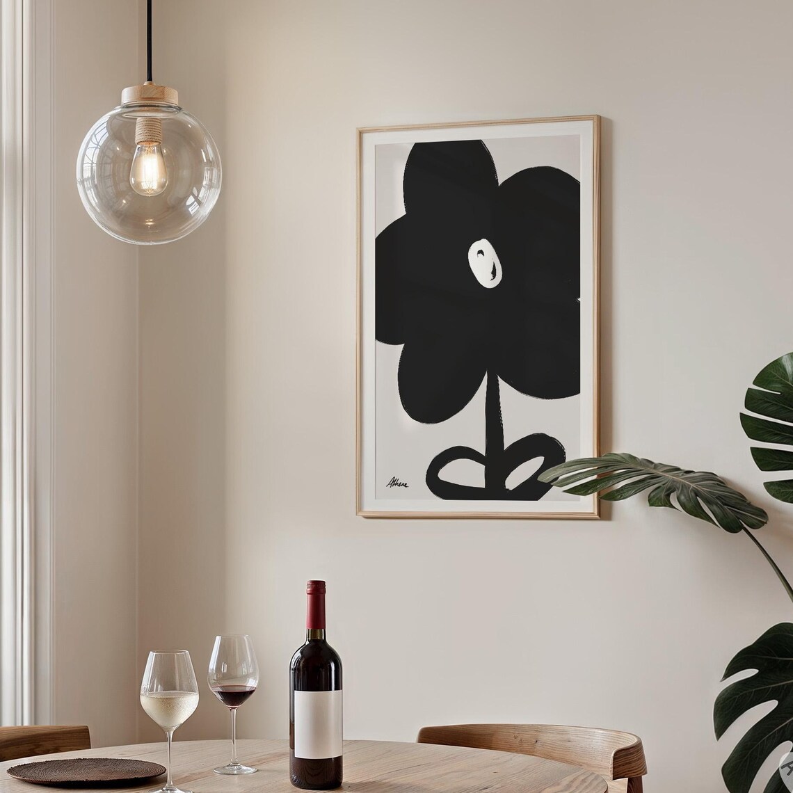 Black and White Flower Print, Mid Century Minimalist