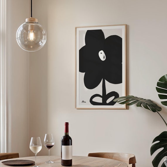 Black and White Flower Print, Mid Century Minimalist