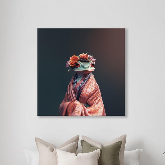 Maximalist Eclectic Frog Fashionista Print Bold Altered Animal Portrait Fantasy Fun Colorful Flowery Vintage Floral Art