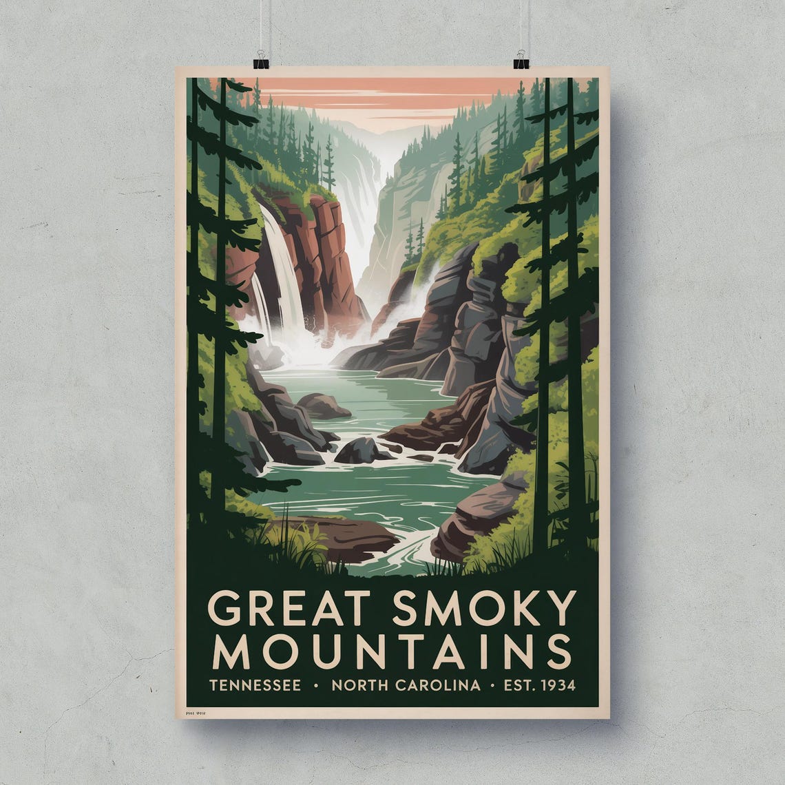 Great Smoky Mountains Waterfall Gorge Tennessee Vintage Travel Poster