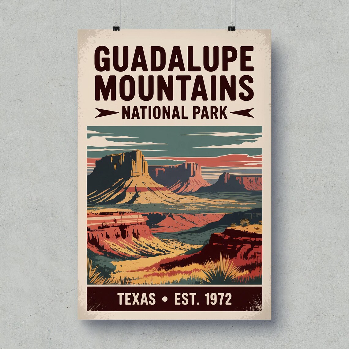 Guadalupe Mountains National Park Vintage Travel Poster Texas Desert Art