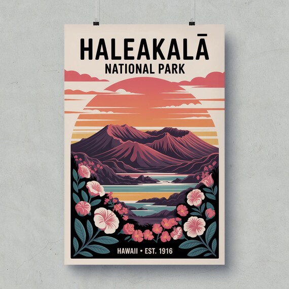 Haleakala National Park Hawaii Volcano Hibiscus Flowers Vintage Poster