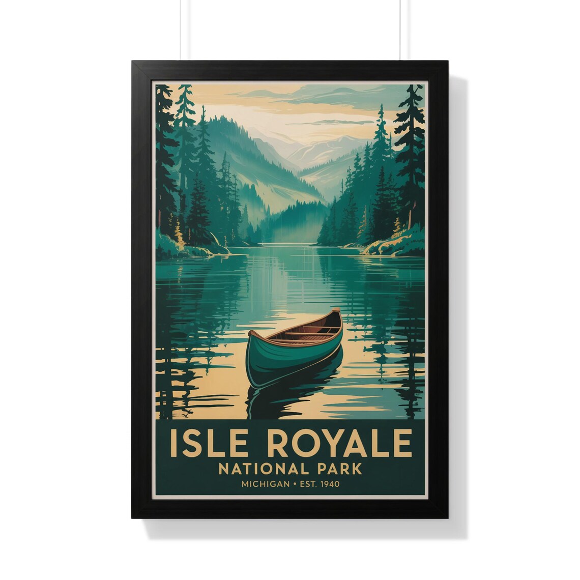 Isle Royale Michigan Green Canoe Still Lake Pines Vintage Travel Poster