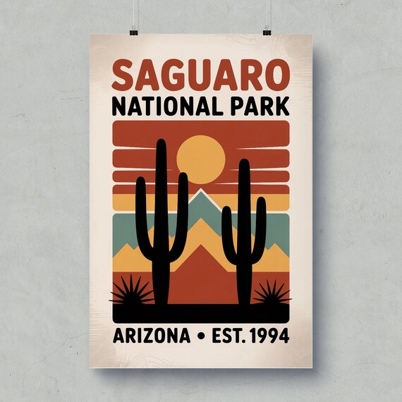 Saguaro National Park Arizona Desert Sunset Cactus Vintage Poster