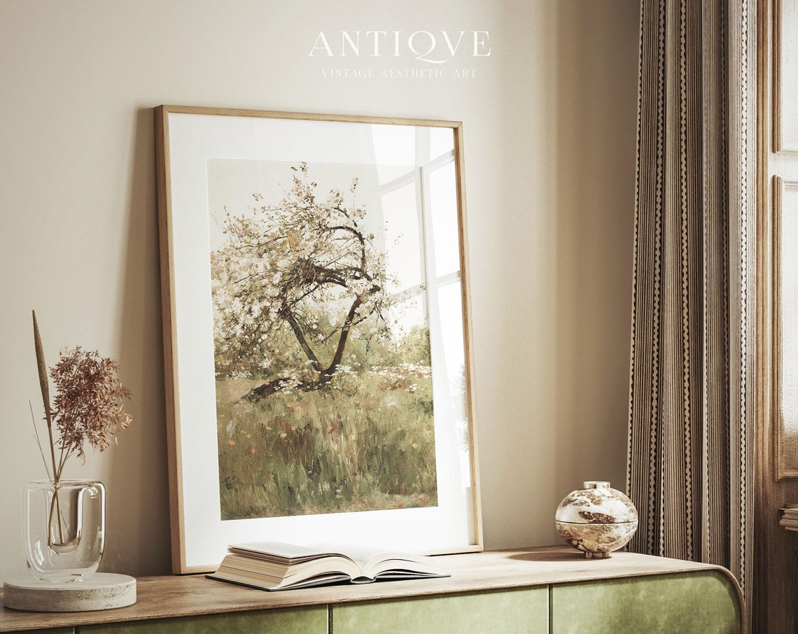 Spring Flowering Tree In Wildflower Meadow Soft Pastel Painting Poster - Image 4
