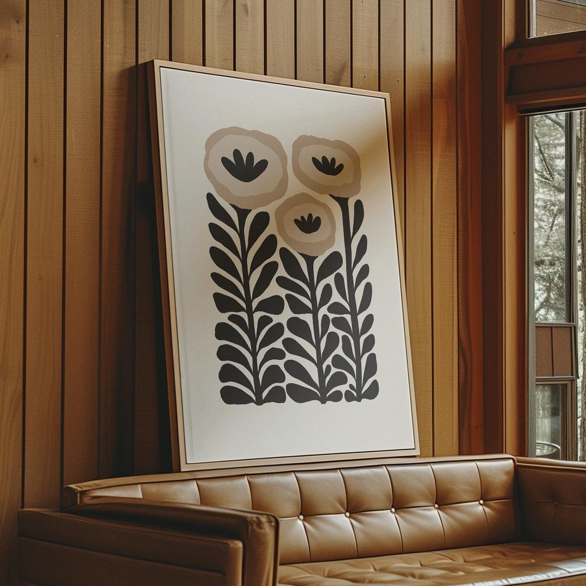 Black Beige Flower Abstract Botanical Minimal Mid Century Wall Art