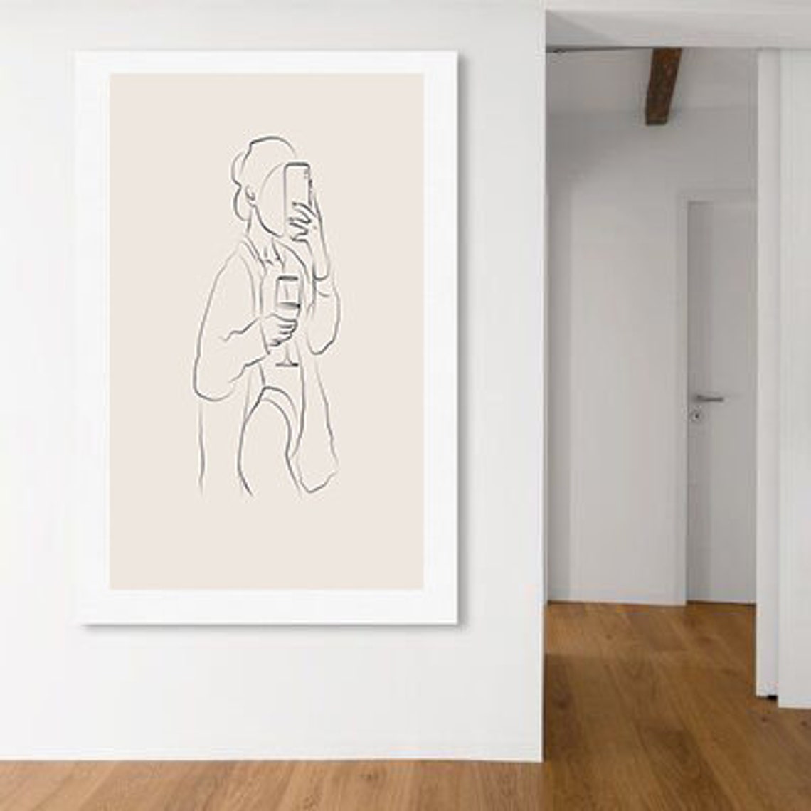 Minimalist Line Art Woman Wine Glass Mirror Selfie Style Poster - Image 2