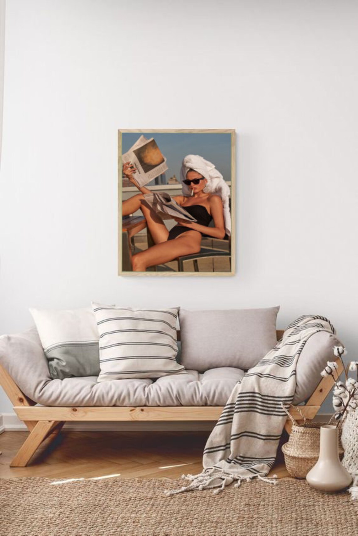 Vintage Woman Reading Newspaper Poolside Black Swimsuit Art Poster - Image 3