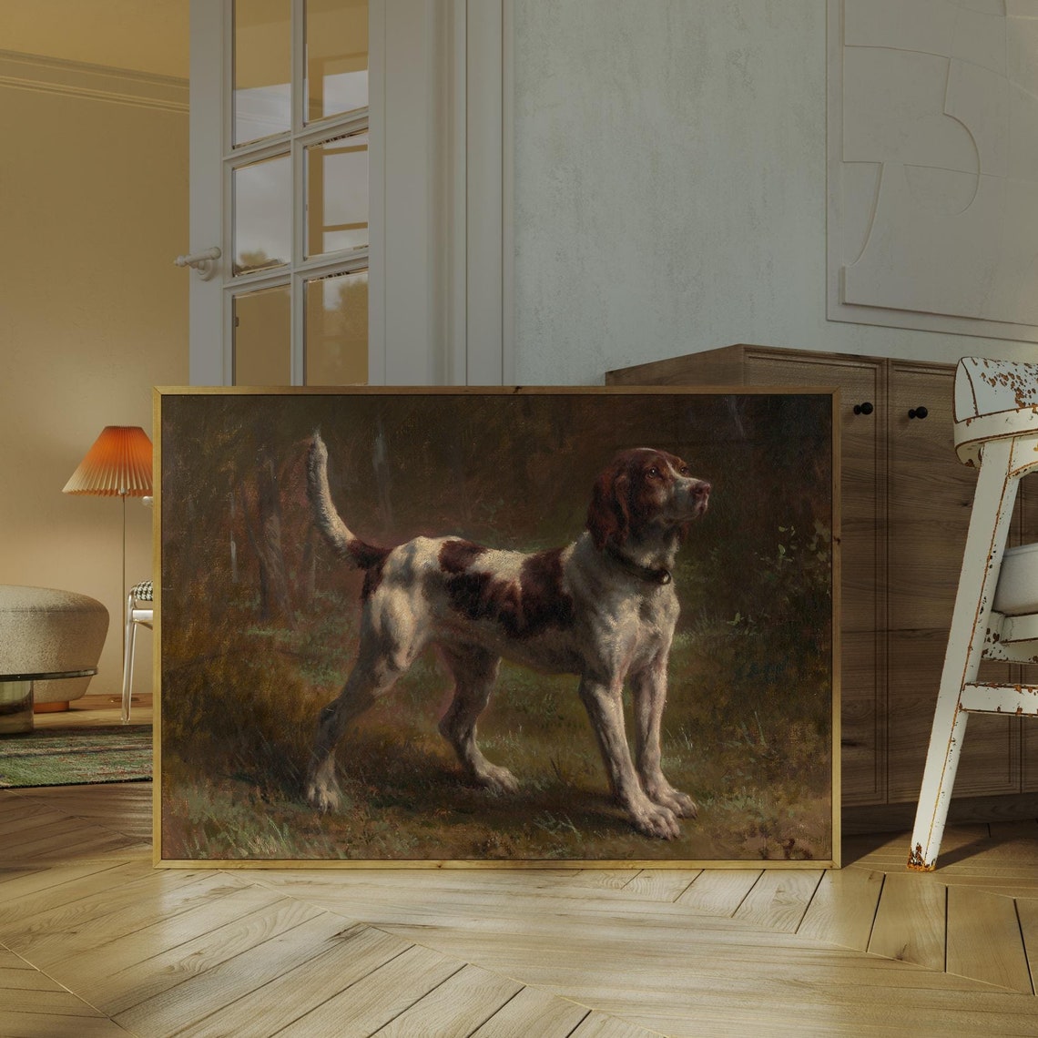 Vintage Hunting Dog Art Print Rustic Painting Wall Art Oil Painting Neutral Tone Art Dog Painting A 45