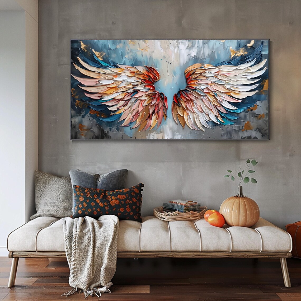 Colorful Angel Wings Red Blue Gold Feathers 3D Impasto Textured Art Wall Poster - Image 3