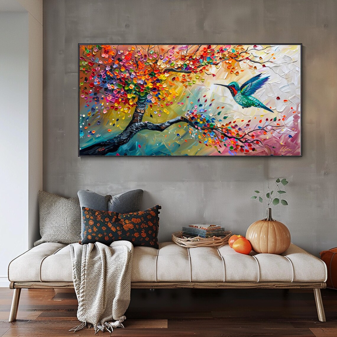 Colorful Hummingbird Tree Scenery, Impressionist Art Print - Image 2