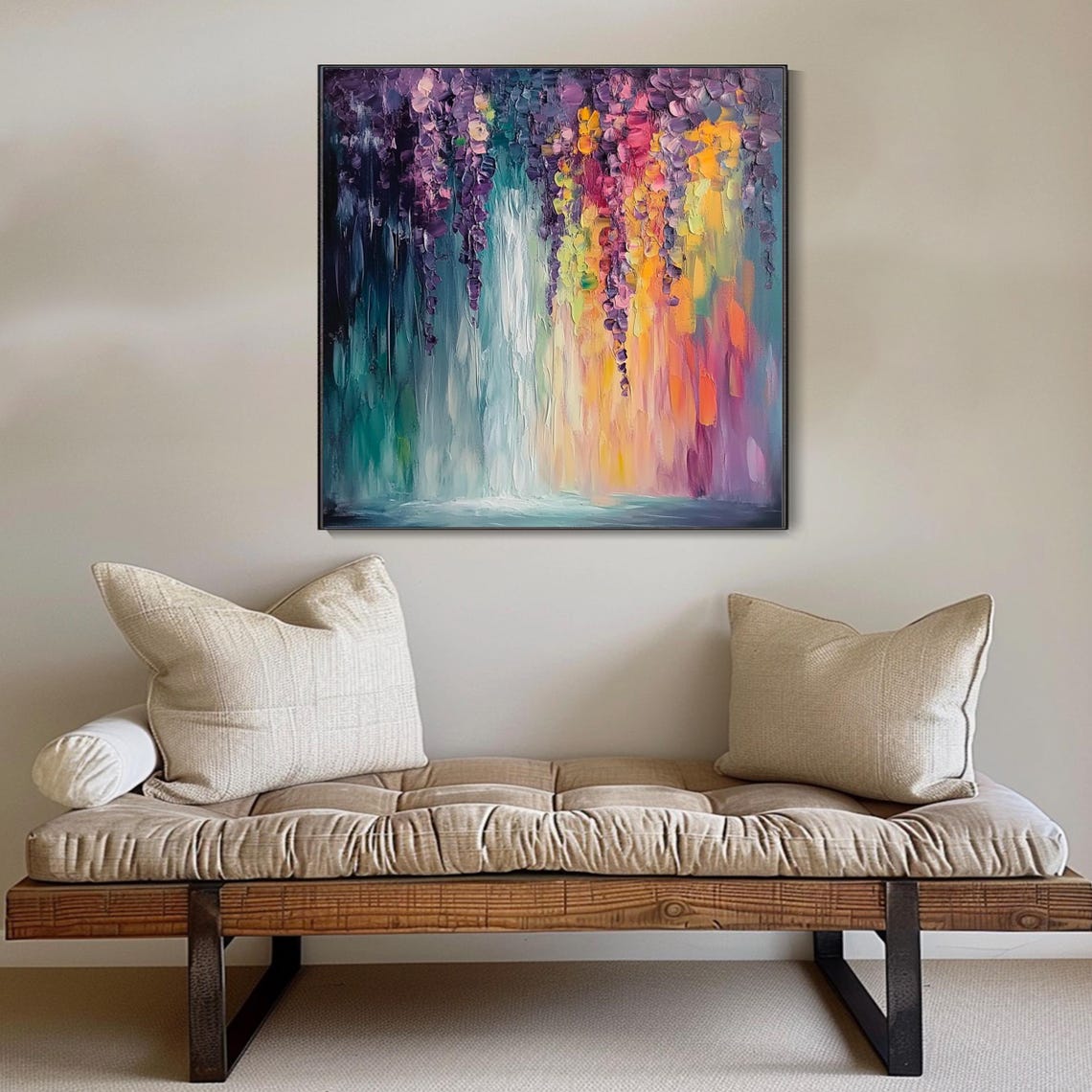 Colorful Hanging Flower Garlands Over Tropical Waterfall Poster - Image 3