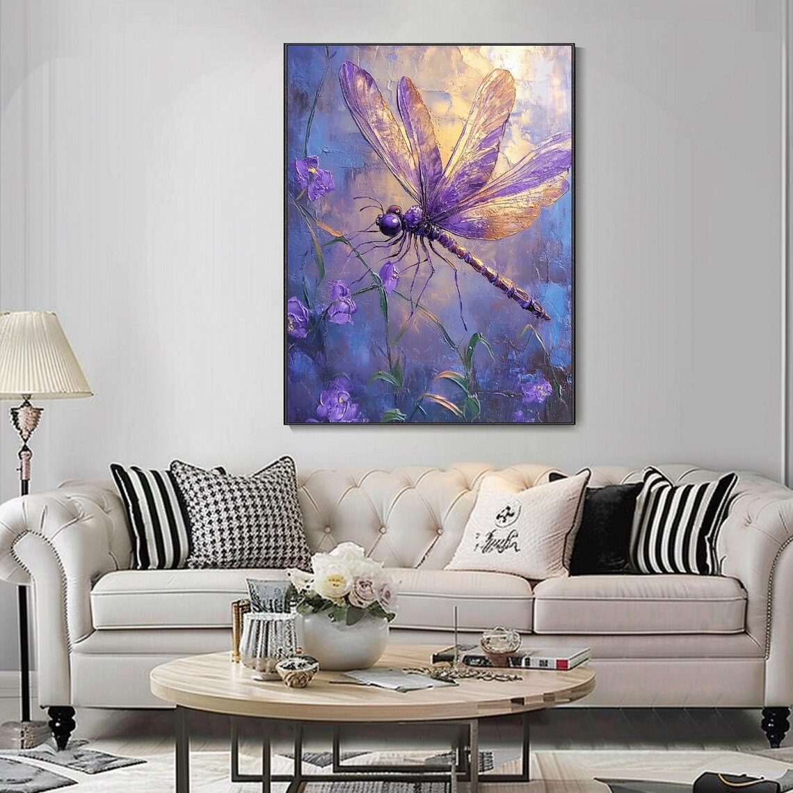 Purple Dragonfly Golden Wings Violet Flowers 3D Textured Insect Art Wall Poster - Image 4