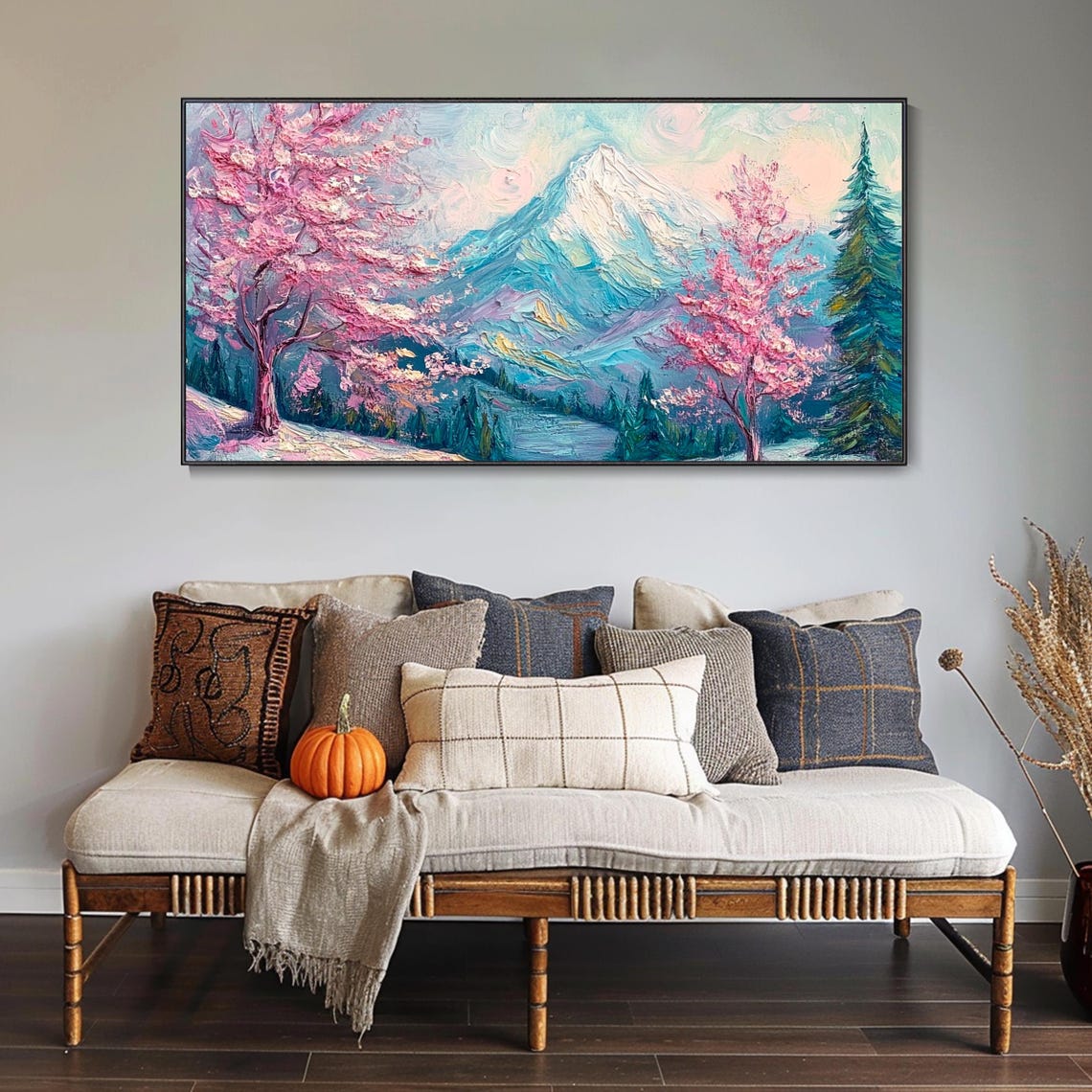 Pink Cherry Blossom Trees With Snowy Blue Mountain Peak Poster - Image 2