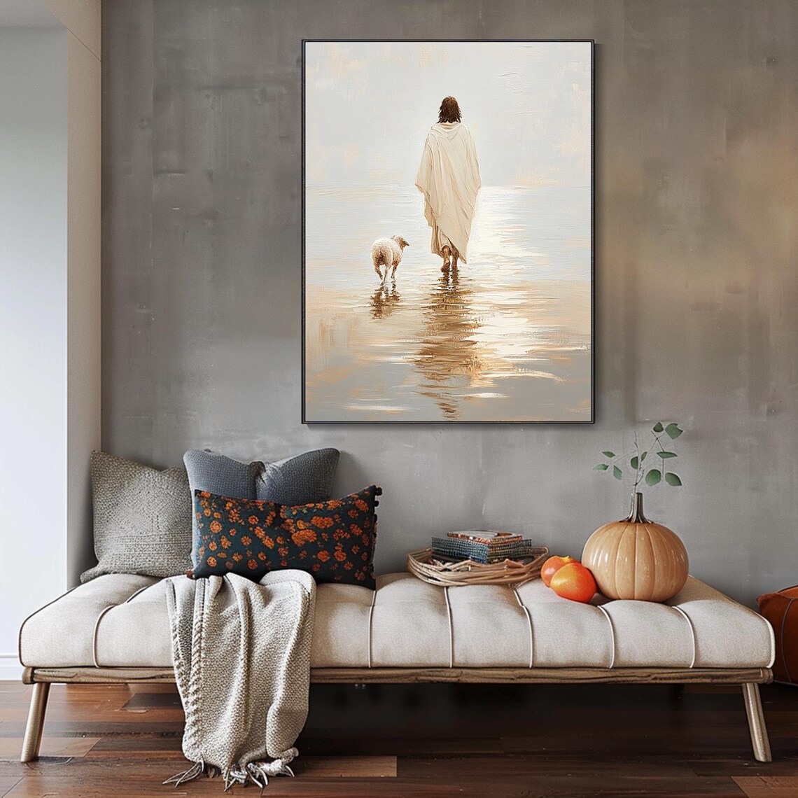 Jesus Walking on Water With Lamb Inspirational Minimalist Religious Painting Poster - Image 3