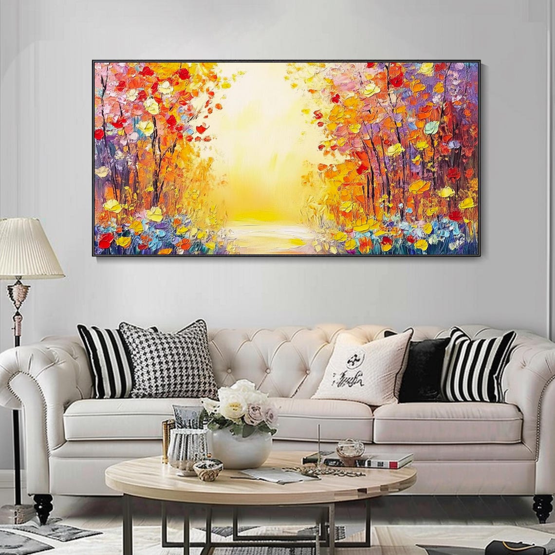 Colorful Forest Path Toward Glowing Golden Light Painting Poster - Image 3