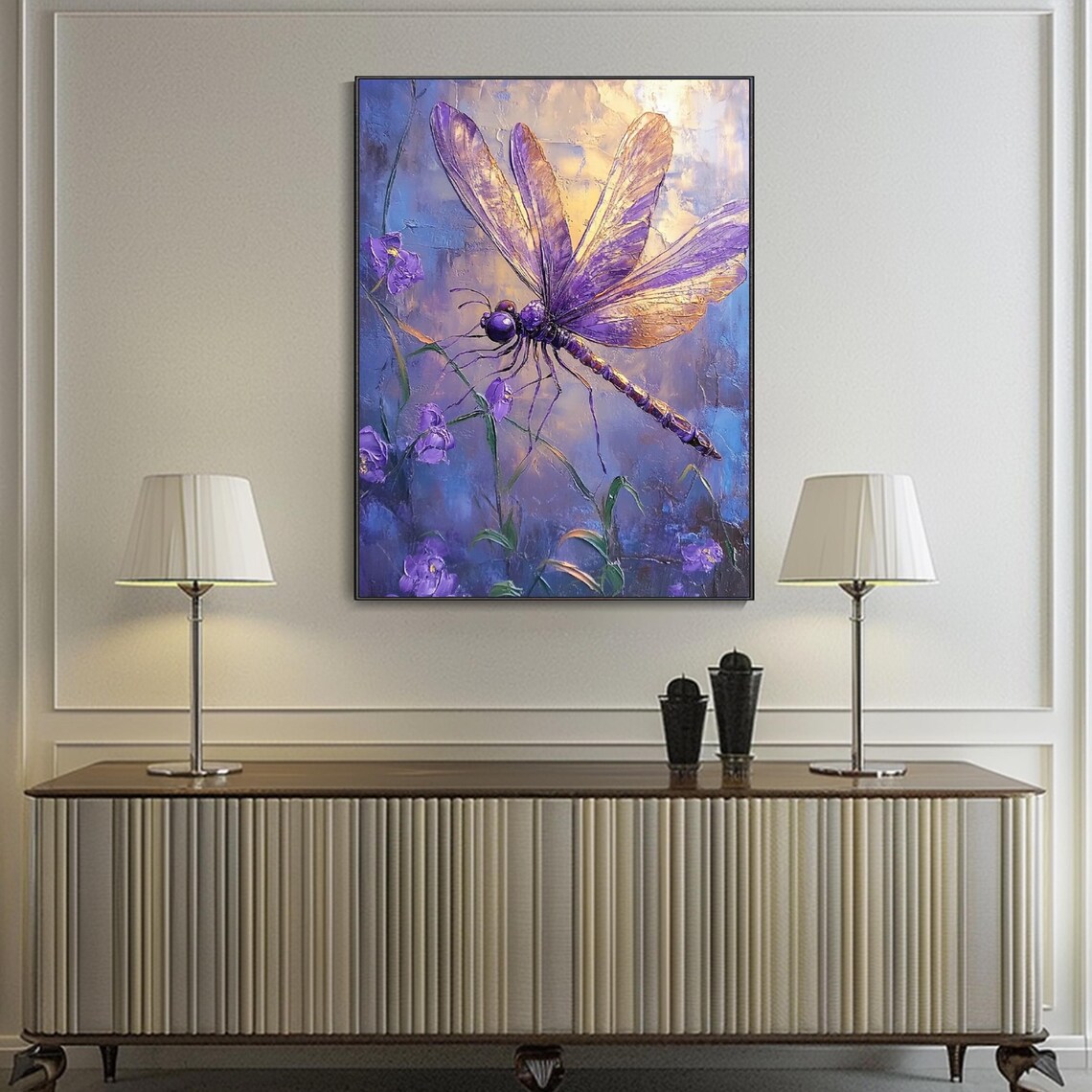 Purple Dragonfly Golden Wings Violet Flowers 3D Textured Insect Art Wall Poster - Image 3