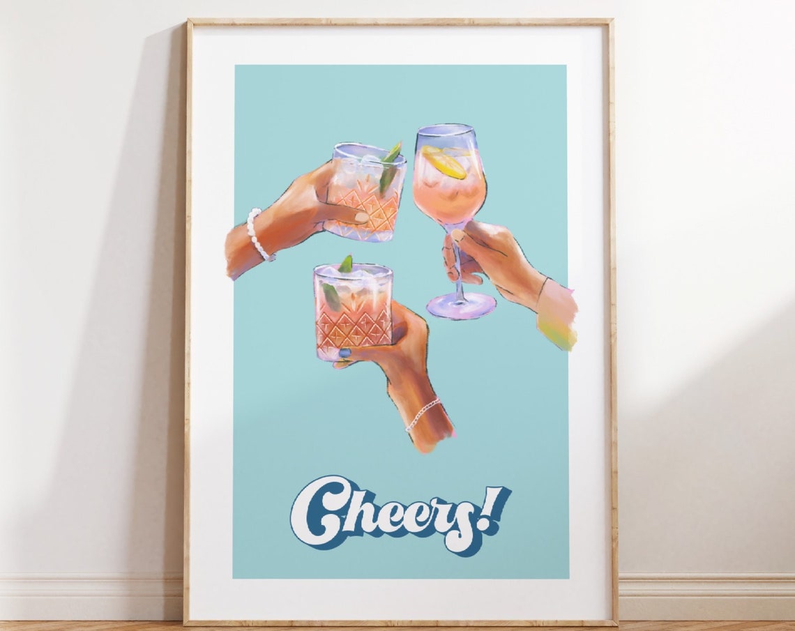 Cheers Cocktail Toast Hands Retro Script Aqua Kitchen Bar Poster