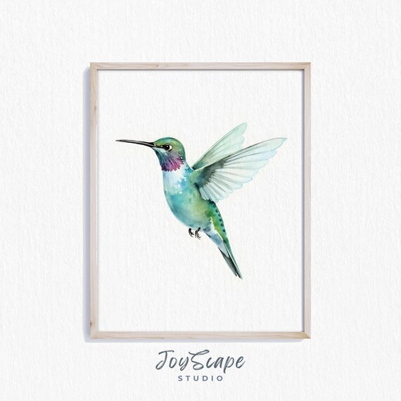 Hummingbird In Flight Watercolor Painting Green Nature Poster