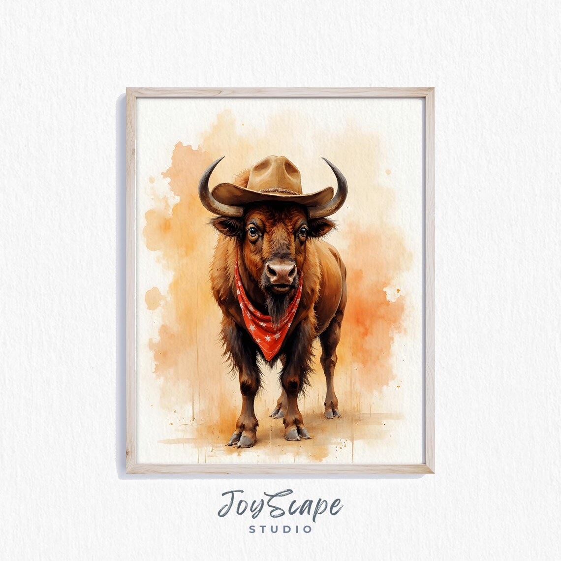 Funny Bison Watercolor Nursery Art Print, Rustic Cowboy